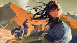 Rule 34 | 1girl, 2boys, armor, backpack, bag, bare tree, bead bracelet, bead necklace, beads, blue eyes, blue hair, boulder, bracelet, bun cover, campfire, camping, character request, chinese clothes, day, field, firewood, floating hair, grass, hair bun, hanfu, highres, holding, holding leash, jewelry, juuni kokuki, leash, long sleeves, looking back, mountain, mountainous horizon, multicolored hair, multiple boys, nanjou (sumeragimishiro), necklace, pants, puffy long sleeves, puffy sleeves, sash, shushou (juuni kokuki), single hair bun, sky, solo focus, standing, streaked hair, tiger, tree, two-tone hair, unicorn, upper body, waterskin, white tiger, wind