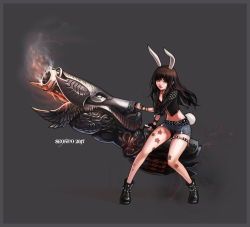 Rule 34 | 1girl, 2017, animal ears, artist name, artist request, bell, belt, bikini, bikini top only, boots, bracelet, brown eyes, brown hair, rabbit ears, rabbit tail, cannon, collar, cropped jacket, denim, denim shorts, elin, fingerless gloves, gloves, grey background, gun, highres, holding, huge weapon, jacket, jewelry, jingle bell, leather, leather jacket, legs, long hair, midriff, navel, open mouth, short shorts, shorts, simple background, smoke, solo, star (symbol), studded belt, studded jacket, swimsuit, tail, tattoo, tera online, thigh strap, weapon