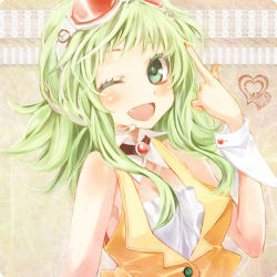 Rule 34 | 1girl, bad id, bad pixiv id, female focus, goggles, goggles on head, green eyes, green hair, gumi, matching hair/eyes, mikipa, nail polish, portrait, short hair, smile, solo, vocaloid, wink