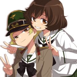 Rule 34 | 10s, 2girls, akiyama yukari, behind another, black neckwear, blonde hair, bow, bowtie, brown eyes, brown hair, brown jacket, commentary, double v, erwin (girls und panzer), girls und panzer, goggles, goggles on headwear, green hat, grin, half-closed eyes, hands on another&#039;s shoulders, hat, head tilt, jacket, long sleeves, looking at viewer, messy hair, military hat, military jacket, multiple girls, ooarai school uniform, open clothes, open jacket, peaked cap, pointy hair, school uniform, shadow, short hair, smile, sonasiz, v, white background