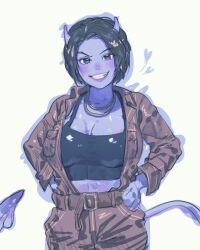 1girl black_hair blue_eyes blue_skin breasts chain chain_necklace cleavage colored_skin demon_horns demon_tail gold_chain grin hands_on_own_hips horns jewelry jumpsuit karako_(osomatsu-san) necklace ningenis_kuso official_alternate_design open_jumpsuit osomatsu-san:_hesokuri_wars osomatsu_(series) short_hair smile sports_bra tail white_background