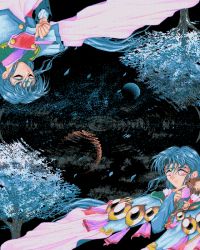 Rule 34 | 1990s (style), 1girl, aged up, animal, bloom, blue hair, closed eyes, dithering, dual persona, facial mark, forehead mark, hand on own chin, japanese clothes, jewelry, kimono, moon, night, pc-98 (style), pink eyes, pixel art, red moon, reflection, retro artstyle, ripples, rotational symmetry, ryou-ouki, sidelocks, solo, spiked hair, star (sky), stroking own chin, tenchi muyou!, tree, tsunami (tenchi muyou!), wind