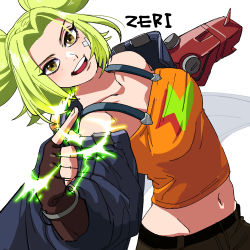Rule 34 | 1girl, bandaid, bandaid on face, bare shoulders, blonde hair, breasts, character name, cleavage, closed mouth, collarbone, commentary request, electricity, fingerless gloves, gloves, highres, hiyari (hiyarilol), index finger raised, jacket, large breasts, league of legends, looking at viewer, navel, off-shoulder shirt, off shoulder, open clothes, open jacket, parted bangs, shirt, solo, stomach, teeth, twintails, zeri (league of legends)