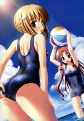 Rule 34 | 2girls, ball, beach, beachball, blue eyes, brown hair, cloud, day, hair ornament, hairclip, highres, multiple girls, one-piece swimsuit, outdoors, red hair, school swimsuit, sky, swimsuit, water
