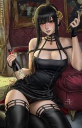 Rule 34 | 1girl, 2022, bare arms, bare shoulders, black dress, black gloves, black panties, black thighhighs, blood, blush, bottle, breasts, closed mouth, curtains, dagger, dress, facing viewer, fingerless gloves, floral print, flower, gloves, gold hairband, hair flower, hair ornament, hairband, highres, holding, holding bottle, holding dagger, holding knife, holding weapon, indoors, knife, lace, lace panties, large breasts, lips, long hair, looking at viewer, off-shoulder dress, off shoulder, on floor, ottoman, painting (object), panties, pantyshot, picture frame, realistic, rose, rose print, sciamano240, sidelocks, signature, sitting, solo, spikes, spy x family, taut clothes, taut dress, thighhighs, thighs, two-tone dress, underwear, weapon, wine bottle, yokozuwari, yor briar