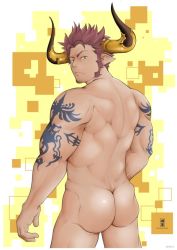 Rule 34 | 1boy, agielba, animal ears, arm tattoo, ass, back, bara, completely nude, cow ears, cow horns, draph, feet out of frame, from behind, frown, gaouu, granblue fantasy, horns, long sideburns, looking at viewer, male focus, mature male, muscular, muscular male, nude, red hair, short hair, sideburns, solo, spiked hair, tattoo, thighs, yellow background