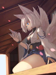 Rule 34 | 1girl, animal ear fluff, animal ears, azur lane, bad id, bad pixiv id, bare legs, blue eyes, blunt bangs, breasts, cleavage, day, fingernails, fox ears, fox girl, fox mask, fox tail, from side, glowing, glowing petals, gorget, hand up, highres, holding, holding mask, kaga (azur lane), kikumon, large tail, long sleeves, mask, osobachan, outdoors, petals, short hair, sleeves past wrists, solo, spread fingers, tail, tassel, white hair, wide sleeves