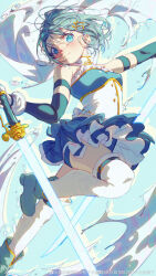 Rule 34 | 1girl, absurdres, blue eyes, blue hair, blue skirt, blush, breasts, cape, closed mouth, detached sleeves, dual wielding, frilled skirt, frills, gloves, hair ornament, highres, holding, holding sword, holding weapon, magical girl, mahou shoujo madoka magica, mane (omedemidori), miki sayaka, short hair, skirt, small breasts, smile, solo, sword, thighhighs, weapon, white cape, white gloves