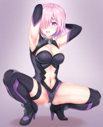 Rule 34 | 1girl, :o, armor, armored boots, armpits, arms behind head, arms up, bare legs, bare shoulders, black footwear, black gloves, black leotard, black thighhighs, boots, breasts, breath, cleavage, cleavage cutout, clothing cutout, colored eyelashes, crotch, elbow gloves, embarrassed, fate/grand order, fate (series), female focus, full body, gloves, gorget, gradient background, grey background, hair over one eye, halterneck, high heels, highres, legs, leotard, light purple hair, looking at viewer, mash kyrielight, medium breasts, navel, navel cutout, open mouth, pink eyes, pink hair, purple eyes, pussy juice, raised eyebrows, revealing clothes, round teeth, saliva, shadow, shoes, short hair, shy, sideboob, sleeveless, solo, spread legs, squatting, steam, sweat, teeth, thigh strap, thighhighs, thighs, type-moon, wavy mouth, yuunagi (0217)