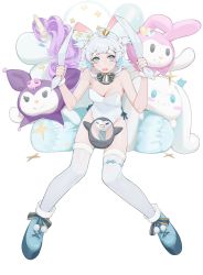 Rule 34 | 1girl, absurdres, animal ears, bare shoulders, bell, blue eyes, boots, breasts, bs0, cinnamoroll, cleavage, detached collar, fake animal ears, full body, grey hair, hair ornament, hairband, hairclip, highres, kuromi, leotard, looking at viewer, medium breasts, medium hair, my melody, neck bell, nijisanji, onegai my melody, open mouth, raised eyebrows, sanrio, simple background, sitting, solo, stuffed toy, stuffed unicorn, tearing up, tears, thick eyebrows, thighhighs, two side up, virtual youtuber, virtuareal, white background, white leotard, white thighhighs, yua (virtuareal)