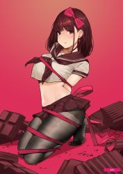 Rule 34 | 1girl, absurdres, arms behind back, blush, bound, brown eyes, brown hair, candy, chocolate, chocolate bar, crop top, crop top overhang, earrings, fine fabric emphasis, food, grey pantyhose, hairband, heart, heart earrings, highres, jewelry, long hair, midriff, miniskirt, navel, neckerchief, original, pantyhose, parted lips, pleated skirt, purple neckerchief, purple ribbon, purple skirt, red background, ribbon, sailor collar, school uniform, serafuku, short sleeves, sidelocks, simple background, skindentation, skirt, solo, stomach, yomu (sgt epper)