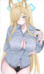 Rule 34 | 1girl, animal ear fluff, animal ears, arm under breasts, black panties, blonde hair, blue archive, blue shirt, blush, breasts, button gap, cleavage, closed mouth, coffee, coffee mug, cup, grey eyes, hair over one eye, halo, highres, holding, holding cup, kanna (blue archive), large breasts, long hair, long sleeves, looking at viewer, mug, panties, shirt, simple background, solo, tsumayouji (tumayog), underwear, very long hair, white background