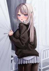 Rule 34 | 1girl, black pantyhose, black sweater, blue eyes, blush, breasts, chigusa minori, collared shirt, commentary request, corrupted twitter file, cowboy shot, curtain grab, curtains, grey hair, grey skirt, hair ornament, hairclip, highres, indoors, infirmary, large breasts, long hair, long sleeves, looking at viewer, looking back, miniskirt, open mouth, pantyhose, plaid, plaid skirt, pleated skirt, saotome shino (shino to ren), school uniform, shino to ren, shirt, sidelocks, skirt, sleeves past wrists, solo, sweatdrop, sweater, swept bangs, torn clothes, torn pantyhose, translated, white shirt