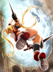 Rule 34 | 1girl, ass, ayumi (x-blades), blonde hair, blue eyes, boots, breasts, dual wielding, fang, fingerless gloves, from below, gloves, holding, jumping, large breasts, legs, long hair, looking down, nekonpo, open mouth, solo, sword, thigh strap, torn clothes, tri tails, ueda metawo, very long hair, weapon, x-blades
