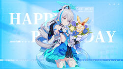 Rule 34 | 1girl, armor, bare shoulders, blue flower, blue theme, bouquet, breasts, bronya zaychik, bronya zaychik (herrscher of truth), candy, character name, chinese commentary, closed mouth, colored inner hair, crossed bangs, crown, dated commentary, drill hair, flower, food, grey eyes, grey hair, halo, happy birthday, high ponytail, highres, holding, holding bouquet, holding candy, holding food, homu (honkai impact), honkai (series), honkai impact 3rd, long hair, looking at viewer, multicolored hair, official art, official wallpaper, open hand, ponytail, single drill, small breasts, smile, solo, streaked hair, thighhighs, upper body, white armor, white thighhighs, yellow flower