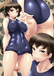 Rule 34 | 10s, 1girl, adjusting clothes, adjusting swimsuit, arm behind back, ass, ayato, back, blue one-piece swimsuit, blush, breasts, brown eyes, brown hair, caesar (girls und panzer), closed mouth, commentary request, covered erect nipples, covered navel, cowboy shot, girls und panzer, hand up, highres, large breasts, looking at viewer, multiple views, old school swimsuit, one-piece swimsuit, revision, school swimsuit, shiny clothes, short hair, smile, standing, swimsuit