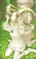 Rule 34 | 2girls, absurdres, animal ear fluff, animal ears, arms up, black hair, bodystocking, boots, coat, commentary request, dall sheep (kemono friends), day, don3, flower, fur-trimmed sleeves, fur scarf, fur trim, grass, grey hair, hair between eyes, highres, horizontal pupils, horn ornament, horns, kemono friends, kneeling, looking at another, looking up, medium hair, multicolored hair, multiple girls, one eye closed, open mouth, orange eyes, outdoors, scarf, sheep (kemono friends), sheep ears, sheep girl, sheep horns, sheep tail, short sleeves, shorts, sitting, smile, sweater vest, tail, wariza, white hair