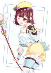 Rule 34 | 1girl, absurdres, artist request, ass, atelier (series), atelier firis, atelier sophie, bare shoulders, blush, breasts, brown eyes, closed mouth, collarbone, detached sleeves, dress, fang, flower, frilled dress, frilled thighhighs, frills, hat, highres, jewelry, medium breasts, necklace, one eye closed, red hair, short shorts, shorts, smile, solo, sophie neuenmuller, staff, thighhighs, wink, wrist cuffs