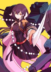 Rule 34 | 1girl, aiguillette, azur lane, beads, belt, black dress, black hair, boushi-ya, breasts, closed mouth, dress, epaulettes, eyebrows, facing away, gloves, hair between eyes, hair tie, holding, holding sword, holding weapon, horns, katana, long hair, long sleeves, looking at viewer, low-tied long hair, machinery, medium breasts, mikasa (azur lane), military, military uniform, orange eyes, pleated dress, simple background, smile, solo, standing, sword, uniform, weapon, white gloves, yellow background