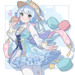 Rule 34 | 1girl, ayaka (genshin impact), back bow, blue bow, blue dress, blue hair, blush, bow, braid, breasts, brown hat, butterfly hair ornament, closed mouth, collar, commentary, cowboy shot, dress, flower, food, fruit, genshin impact, hair flower, hair ornament, hair up, hat, hat flower, holding, holding food, kamisato ayaka, kamisato ayaka (springbloom missive), light blue hair, long sleeves, looking at viewer, macaron, mole, mole under eye, official alternate costume, pantyhose, saylamars, small breasts, smile, solo, strawberry, white collar, white pantyhose