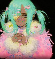 Rule 34 | 1girl, aqua nails, black background, blue bow, blue eyes, bow, dark skin, decora, eyepatch, fur-trimmed jacket, fur trim, hair ornament, hairclip, highres, hime cut, jacket, jewelry, medical eyepatch, mole, mole under mouth, original, own hands clasped, own hands together, parted bangs, parted lips, pink bow, pink jacket, red eyes, ring, ringed eyes, simple background, sticker, sticker on face, yatatashira, yellow bow