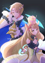 Rule 34 | 1boy, 1girl, alfred (fire emblem), bare shoulders, blonde hair, blue cape, book, breasts, brother and sister, butterfly hair ornament, cape, celine (fire emblem), cleavage, crown, detached sleeves, dress, fire emblem, fire emblem engage, green eyes, hair ornament, highres, holding, holding book, long hair, long sleeves, looking at viewer, nintendo, open book, short hair, siblings, simple background, small breasts, twitter username, very long hair, yutohiroya