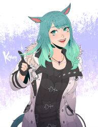 Rule 34 | 1girl, animal ears, aqua eyes, aqua hair, artist name, black gloves, cat ears, cat tail, commission, final fantasy, final fantasy xiv, fur trim, gloves, highres, jacket, jewelry, koyorin, long hair, looking at viewer, miqo&#039;te, necklace, open clothes, open jacket, open mouth, partially fingerless gloves, slit pupils, solo, tail, warrior of light (ff14)