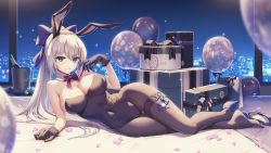 Rule 34 | 1girl, animal ears, bare shoulders, blue eyes, blush, bow, bowtie, breasts, rabbit ears, cleavage, commission, covered navel, detached collar, fake animal ears, gift, gomashio ponz, hair bow, high heels, highres, large breasts, leotard, long hair, looking at viewer, lying, on side, pantyhose, parted lips, petals, playboy bunny, ponytail, purple footwear, shoes, single shoe, skeb commission, smile, solo, strapless, strapless leotard, tail, thigh strap, white hair, wing collar, wrist cuffs