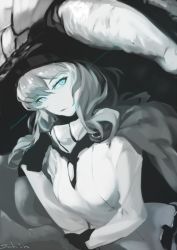 Rule 34 | 10s, 1girl, abyssal ship, black gloves, blue eyes, bodysuit, colored skin, gloves, gradient background, grey hair, headwear request, kantai collection, monochrome, so shina, sohin, solo, white skin, wo-class aircraft carrier