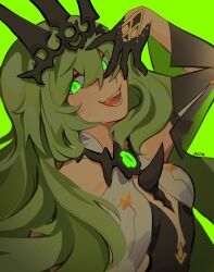 Rule 34 | 1girl, :d, absurdres, arm up, black gloves, black leotard, commentary, english commentary, gloves, glowing, glowing eyes, green background, green eyes, green hair, hair between eyes, half gloves, headpiece, highres, honkai (series), honkai impact 3rd, leotard, long hair, looking at viewer, mararu, mobius (honkai impact), open mouth, signature, simple background, smile, solo, upper body, very long hair