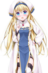 Rule 34 | 10s, 1girl, blush, goblin slayer!, hair between eyes, index finger raised, long hair, long sleeves, looking at viewer, open mouth, priestess, priestess (goblin slayer!), simple background, solo, standing, wari (nirodo26), white background