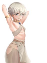 Rule 34 | 1girl, armpits, blue eyes, blush, breasts, closed mouth, covered erect nipples, dancer, highres, kantai collection, short hair, small breasts, smile, solo, standing, white hair, z1 leberecht maass (kancolle)