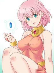 Rule 34 | 1girl, blue eyes, breasts, bridal gauntlets, crystal, dress, earrings, final fantasy, final fantasy v, jewelry, lenna charlotte tycoon, looking at viewer, medium breasts, nail polish, open mouth, pink hair, short hair, simple background, smile, solo, square enix