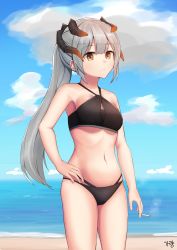Rule 34 | 1girl, absurdres, arknights, bare arms, bare shoulders, beach, bikini, black bikini, blue sky, breasts, brown eyes, cigarette, cloud, commentary request, cowboy shot, day, gayleong, halterneck, highres, holding, holding cigarette, horns, korean commentary, long hair, looking at viewer, navel, ocean, outdoors, ponytail, saria (arknights), silver hair, sky, small breasts, solo, standing, stomach, swimsuit, thighs, very long hair