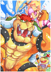 Rule 34 | 1girl, 2boys, aliasing, bib, blush, blush stickers, bo-gilliam, bowser, bowser jr., carrying, cloud, fangs, green eyes, heart, koopa, mario (series), monster, multiple boys, muscular, nintendo, one eye closed, outdoors, outline, perry (mario), princess peach, red eyes, scales, sky, spikes, spoken heart, striped clothes, striped thighhighs, super mario bros. 1, super princess peach, teeth, thighhighs, umbrella, wink