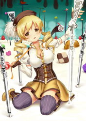 Rule 34 | 10s, 1girl, beret, blonde hair, boots, breasts, brown thighhighs, cake, candy, charlotte (madoka magica), cleavage, corset, detached sleeves, drill hair, fingerless gloves, food, fruit, gloves, gun, hair ornament, hairpin, hat, icing, kneeling, large breasts, magical girl, magical musket, mahou shoujo madoka magica, mahou shoujo madoka magica (anime), open clothes, open shirt, pleated skirt, puffy sleeves, ribbon, rifle, shirt, skindentation, skirt, strawberry, striped clothes, striped thighhighs, taut clothes, taut shirt, thighhighs, tomoe mami, twin drills, twintails, vertical-striped clothes, vertical-striped thighhighs, weapon, witch&#039;s labyrinth, yellow eyes, youbou, zettai ryouiki
