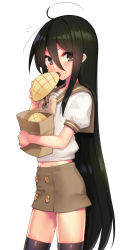 Rule 34 | 1girl, :o, ahoge, bag, black eyes, black hair, black thighhighs, bread, commentary request, food, hair between eyes, highres, jewelry, long hair, looking at viewer, melon bread, ohlia, open mouth, paper bag, pendant, puffy short sleeves, puffy sleeves, school uniform, serafuku, shakugan no shana, shana, short sleeves, simple background, skirt, solo, thighhighs, very long hair, white background
