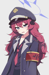Rule 34 | 1girl, armband, black shirt, blue archive, blush, collarbone, grey background, halo, hat, highres, iroha (blue archive), jacket, kuroha uma, looking at viewer, military, military hat, military uniform, necktie, off shoulder, red hair, red necktie, safety pin, shirt, simple background, solo, sweat, uniform