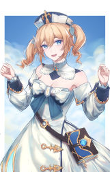 Rule 34 | 1girl, :d, absurdres, bad id, bad pixiv id, barbara (genshin impact), bare shoulders, blonde hair, blue sky, book, border, bow, breasts, cleavage, cloud, commentary request, cowboy shot, day, detached collar, dress, genshin impact, highres, long sleeves, looking at viewer, mugiko mz, off-shoulder dress, off shoulder, open mouth, outdoors, outside border, short hair, short twintails, sky, small breasts, smile, solo, twintails, vision (genshin impact), w arms, white border, white bow, white dress, white headwear