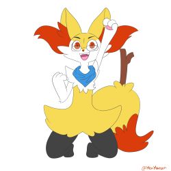 Rule 34 | animal ear fluff, animal ears, animal hands, arm up, artist name, bandana, bespectacled, black-framed eyewear, braixen, clenched hands, creatures (company), fangs, fox ears, fox tail, full body, furry, game freak, gen 6 pokemon, glasses, hand up, happy, highres, jpeg artifacts, kneeling, looking at viewer, mezmaroon, nintendo, open mouth, pawpads, pokemon, pokemon (creature), red eyes, simple background, smile, solo, stick, tail, teeth, twitter username, white background