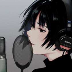 Rule 34 | 1girl, amagami, black eyes, black hair, close-up, grey background, headphones, highres, microphone, nanasaki ai, oshizu, parted lips, portrait, profile, short hair, simple background, solo, studio microphone, the first take, turtleneck
