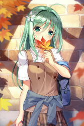 Rule 34 | 1girl, ahoge, aqua eyes, aqua hair, autumn leaves, bag, blue cardigan, blurry, blurry foreground, blush, breasts, brick wall, brown skirt, brown vest, buttons, cardigan, cardigan around waist, clothes around waist, collared shirt, commentary, covering own mouth, day, double-breasted, dress shirt, duffel bag, falling leaves, flower, hair between eyes, hair flower, hair intakes, hair ornament, hairclip, hand up, head tilt, highres, holding, holding leaf, leaf, light particles, long hair, maple leaf, medium breasts, miniskirt, original, school bag, school uniform, shade, shirt, short sleeves, skirt, solo, upper body, vest, white flower, white shirt, yadamon (neverland)