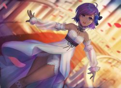 Rule 34 | 1girl, :d, bare shoulders, blush, c.h.a, dark-skinned female, dark skin, detached collar, detached sleeves, dress, dutch angle, fate/grand order, fate (series), flower, hair flower, hair ornament, hassan of serenity (fate), hassan of serenity (lostroom outfit) (fate), highres, long dress, looking at viewer, lostroom outfit (fate), open mouth, outstretched arms, petals, purple eyes, purple hair, see-through, see-through sleeves, short hair, smile, solo, spread arms, stairs, stairwell, white dress