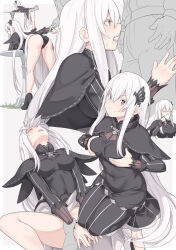 Rule 34 | 1boy, 1girl, ass, bent over, black capelet, black dress, black panties, breasts, butterfly hair ornament, capelet, colored eyelashes, convenient hand, cup, dress, echidna (re:zero), grabbing own breast, grey eyes, hair between eyes, hair ornament, hetero, highres, holding, holding another&#039;s wrist, holding cup, implied sex, kneeling, layered dress, long dress, long hair, medium breasts, multiple views, panties, re:zero kara hajimeru isekai seikatsu, shiseki hirame, spread legs, teeth, tongue, tongue out, underwear, upper teeth only, white hair
