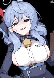 Rule 34 | 1girl, ako (blue archive), anger vein, angry, annoyed, bell, blue archive, blue hair, blue jacket, breasts, clipboard, collar, cowbell, forced smile, hair between eyes, halo, highres, holding, holding clipboard, jacket, large breasts, looking at viewer, medium breasts, myeolchi, open mouth, sideboob, signature, smile, solo