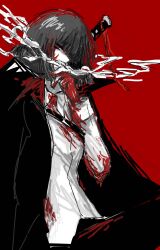 Rule 34 | 1girl, ashi (dongshi389), black coat, black hair, black pants, blood, blood on clothes, cigarette, coat, coat on shoulders, guan dao, highres, holding, holding cigarette, katana, limbus company, ootachi, pants, polearm, project moon, red background, red eyes, ryoshu (project moon), sheath, sheathed, simple background, smoke, smoking, solo, sword, weapon
