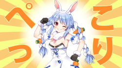 Rule 34 | 1girl, animal ear fluff, animal ears, arm up, black gloves, black leotard, blue hair, blush, bow, braid, carrot hair ornament, commentary request, detached sleeves, don-chan (usada pekora), dress, food-themed hair ornament, fur-trimmed gloves, fur trim, gloves, grin, hair bow, hair ornament, hololive, leotard, long hair, looking at viewer, mauve, multicolored hair, one eye closed, puffy short sleeves, puffy sleeves, rabbit ears, red eyes, short eyebrows, short sleeves, sidelocks, smile, strapless, strapless dress, strapless leotard, sunburst, sunburst background, thick eyebrows, translation request, twin braids, twintails, two-tone hair, usada pekora, usada pekora (1st costume), very long hair, virtual youtuber, white bow, white dress, white hair, white sleeves