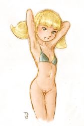 Rule 34 | 1girl, armpits, arms behind head, bikini, blonde hair, bottomless, female focus, flat chest, gluteal fold, grin, highres, inspector gadget, legs together, looking at viewer, low twintails, navel, penny (inspector gadget), pussy, seductive smile, simple background, smile, solo, swimsuit, thigh gap, thighhighs, thighs, tommy simms, traditional media, twintails, upper body