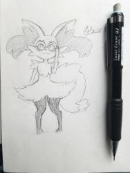 Rule 34 | 1girl, adjusting eyewear, animal ear fluff, animal ears, animal hands, bespectacled, blush, braixen, character name, closed mouth, creatures (company), female focus, fox ears, fox tail, full body, furry, furry female, game freak, gen 6 pokemon, glasses, greyscale, hand up, heart, highres, mechanical pencil, mezmaroon, monochrome, nintendo, pencil, photo (medium), pigeon-toed, pokemon, pokemon (creature), shy, simple background, sketch, solo, standing, tail, tareme, traditional media, wavy mouth, white background