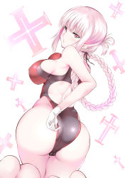 Rule 34 | adjusting clothes, adjusting swimsuit, ass, breasts, daive, fate/grand order, fate (series), feet, florence nightingale (fate), full body, gloves, highres, large breasts, long hair, looking at viewer, nipples, open mouth, pink eyes, pink hair, solo, swimsuit, white gloves
